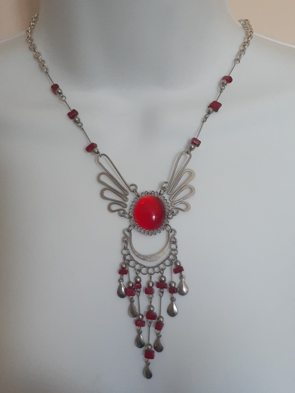 Bold Red Cabochon Drop Necklace with Silver-Tone Filigree